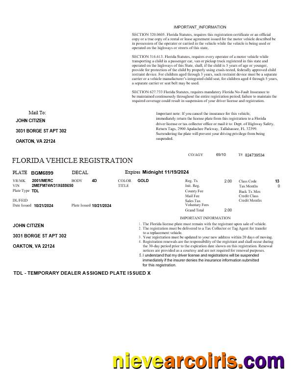 USA Florida vehicle registration